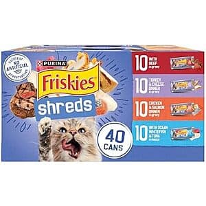 40-pack variety bundle of Purina Friskies Shreds wet cat food in 5.5oz pouches with multi-flavor packaging.