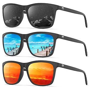 3-Pk KALIYADI Men's or Women's Polarized UV400 Rectangular Sunglasses (Various) $10