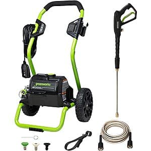 2000 PSI electric pressure washer with attached 25 ft hose and 35 ft power cord, compact design suitable for exterior cleaning tasks.
