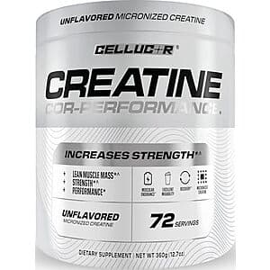 White and blue Cellucor Cor-Performance Creatine Powder container, 12.7 oz size with 72 servings marked on the label.