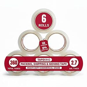 Six rolls of Tape King clear heavy-duty packing tape with 60-yard length and 2.7mil thickness.