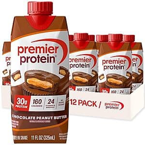 12-pack of Premier Protein 11-oz shakes in Chocolate Peanut Butter flavor with brown/tan packaging.