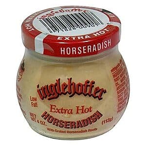 Inglehoffer Extra Hot Horseradish in a 4-oz glass jar with red and white labeling.