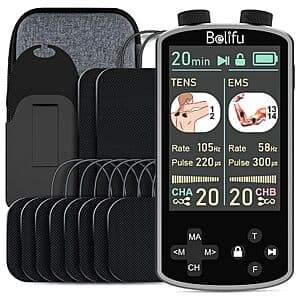 Gray Belifu TENS EMS muscle stimulator with 3.8-inch color display and control buttons for 36 therapy modes.