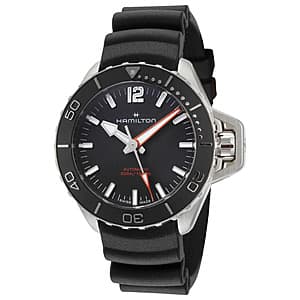 Hamilton Men's Khaki Navy automatic watch with 41mm stainless steel case, black dial, and black rubber strap with pin buckle.