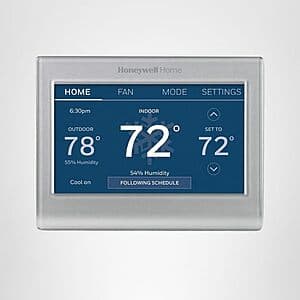 Honeywell Home Wi-Fi smart thermostat with color LED touchscreen display, white finish, mounted on wall.