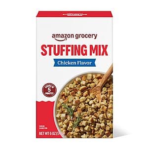 6-ounce box of Amazon Grocery Chicken Flavor Stuffing Mix with white and blue packaging.