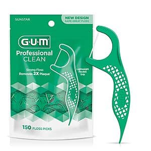 150-count box of GUM Professional Clean dental floss picks in fresh mint flavor with easy-grip handles and precision tips.