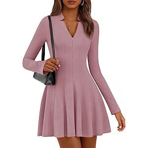Lazysmile Women's A-Line Long Sleeve Mini Dress w/ Half Zip V Neck (Various) $10
