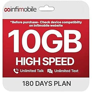 Infimobile prepaid mobile service box or promotional graphic showing 6-month plan details with unlimited talk and text plus 10GB monthly data allowance.