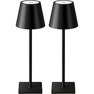 Two black cordless LED table lamps with 5000mAh batteries, featuring adjustable stepless dimming and color control, standing 14.2 inches tall with compact 4.5-inch square bases.