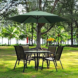 Ainfox 9-foot outdoor patio table umbrella in black or blue with push button tilt and crank handle mechanism.