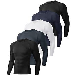 5-pack of BOOJO men's long sleeve compression shirts in black, white, navy blue, and dark grey.