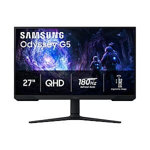 Samsung 27-inch Odyssey G5 gaming monitor with QHD display and black bezels on a silver stand.
