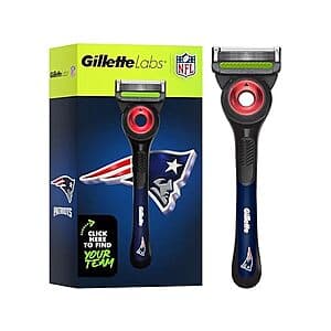 Gillette Labs Special NFL Edition razor in New England Patriots colors with 4 refill cartridges and black magnetic stand.