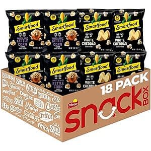 Smartfood Popcorn Variety Pack showing 18 individual 0.5-ounce bags with assorted flavors in the branded packaging.