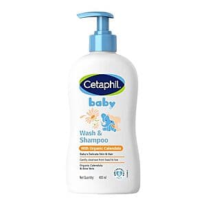 13.5 oz bottle of Cetaphil Baby Wash & Shampoo with organic calendula, featuring gentle baby care formulation.