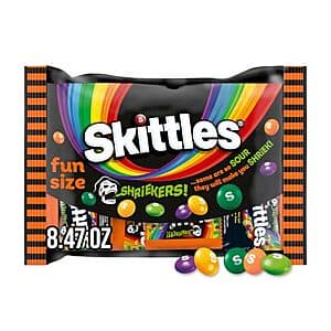 Two 8.47-ounce packages of Skittles Shriekers Sour Fun Size Halloween Candy with vibrant red and orange packaging.
