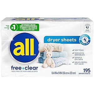 195-Count all Free Clear Fabric Softener Dryer Sheets for Sensitive Skin $6.10 w/ Subscribe & Save