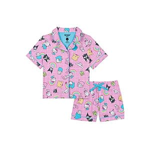 Hello Kitty and Friends baby girls 2-piece pajama set with button front top and shorts in assorted character designs.