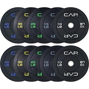 CAP Economy Olympic Bumper Plate Weight Set in various colors with 2-inch center holes, displayed as six individual plates in ascending weight denominations.
