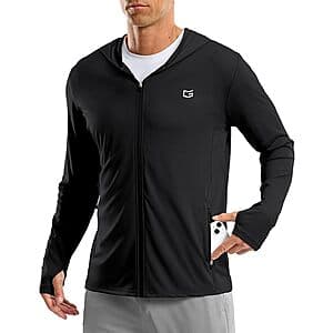 G-Gradual men's full-zip hoodie jacket in lightweight quick-dry fabric with visible zippered pockets and thumbholes, available in multiple colors.