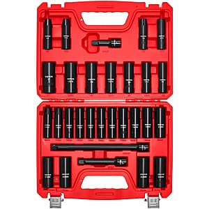 VEVOR 29-piece 1/2 inch drive impact socket set in CR-V steel with SAE and metric deep sockets, three extension bars, and black carrying case.