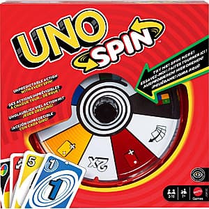 Mattel Uno Spin Card Game box featuring colorful game cards and the iconic Uno branding.