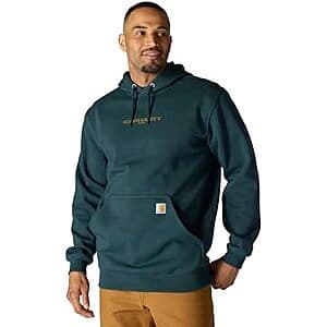 Carhartt men's graphite-colored loose fit midweight sweatshirt with 1889 graphic design and Rain Defender water-resistant treatment.