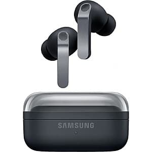 Black Samsung Galaxy Buds4 Pro wireless earbuds with charging case displayed in open-box packaging.
