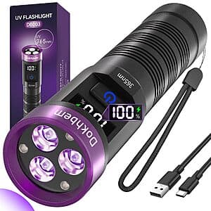 Dokhbem 365nm UV black light flashlight with three LED lights, USB-C charging port, and LCD display on the barrel.