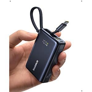 Baseus Picogo 10000mAh power bank in black with integrated USB-C cable, compact rectangular design.