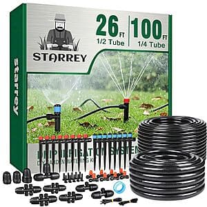 STARREY 2026 drip irrigation system kit with quick-connect fittings and tubing coiled on white background.