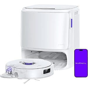 NARWAL Freo Z10 Turbo robot vacuum and mop in white with self-emptying station.