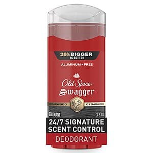 Old Spice Aluminum Free Deodorant stick in Swagger scent with lime and cedarwood, 3.8 oz single pack with teal and orange labeling.
