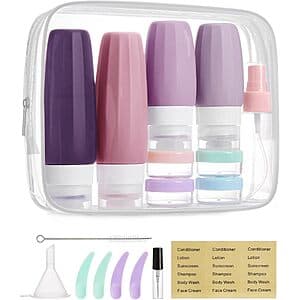 18-piece set of silicone travel toiletry bottles in various colors, squeezable design with flip-top caps, TSA-compliant sizes for carry-on luggage.