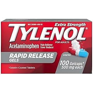 Tylenol Extra Strength Acetaminophen Rapid Release Gels bottle containing 100 count capsules.