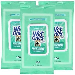 3-pack box of Wet Ones Multi Purpose Pets Wipes with 100 wipes per pack, designed for cleaning dogs and cats.