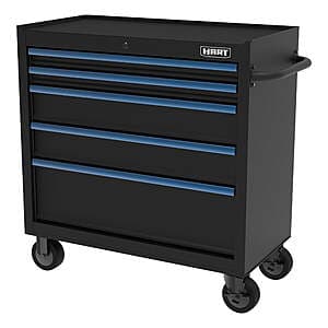 Black steel 36-inch HART rolling tool cabinet with five drawers and locking mechanism.