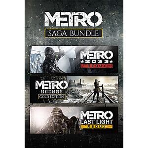 Three-game Metro Saga Bundle collection for Xbox featuring Metro 2033 Redux, Metro: Last Light Redux, and Metro Exodus digital covers.
