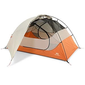 REI Co-op Half Dome 2 two-person tent in earthen gray with matching footprint included.