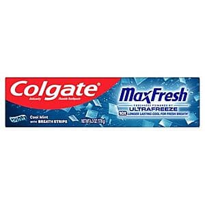 Colgate MaxFresh Fluoride Anticavity Toothpaste tube in Cool Mint flavor, 6.3oz size.