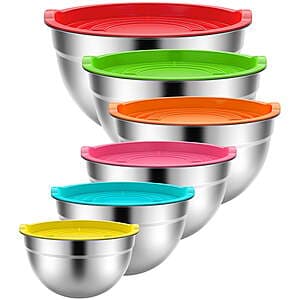 TINANA 6-Piece Stainless Steel Mixing Bowls w/ Lids (3 Colors) $18