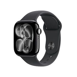Apple Watch Series 11 GPS Smartwatch in Jet Black aluminum case with black sport band, shown in 42mm and 46mm sizes.