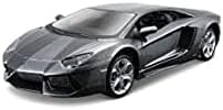 Black Lamborghini Aventador sports car shown from front three-quarter angle with driver door open.
