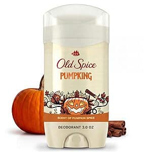 Old Spice Pumpkin Spice 3 oz aluminum-free deodorant stick in orange and brown packaging.