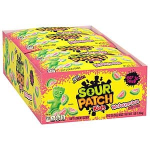24-pack of Sour Patch Kids Watermelon 2oz soft and chewy gummy candy bags in red and white packaging.