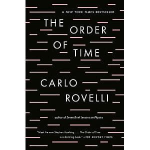 Book cover of The Order of Time by Carlo Rovelli, featuring physics-related imagery and author name.