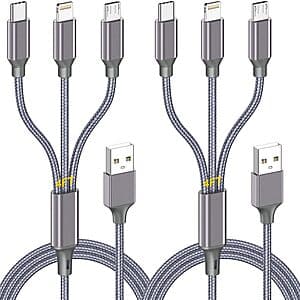 2-Pk 4' HaoKanDe 3-in-1 USB to Micro B / Type C / Lightning Charging Cables $4