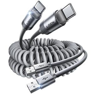 2-Pack 4' LISEN USB A to USB C 3.1A Coiled Carplay Cables $5